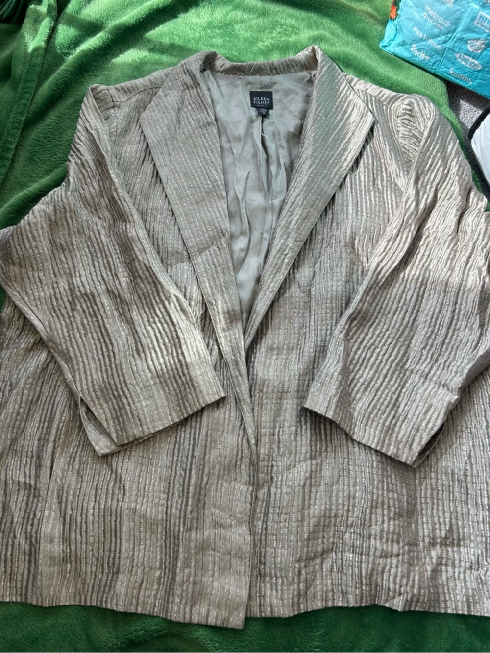 Eileen Fisher Neutral Metallic-Striped Open Silk Blazer